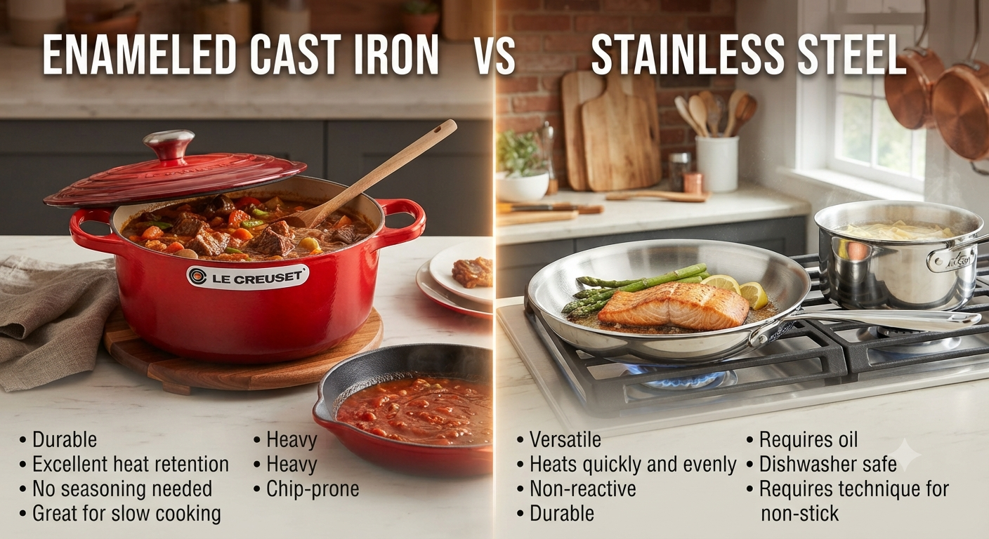 Enameled Cast Iron vs Stainless Steel: Essential Guide